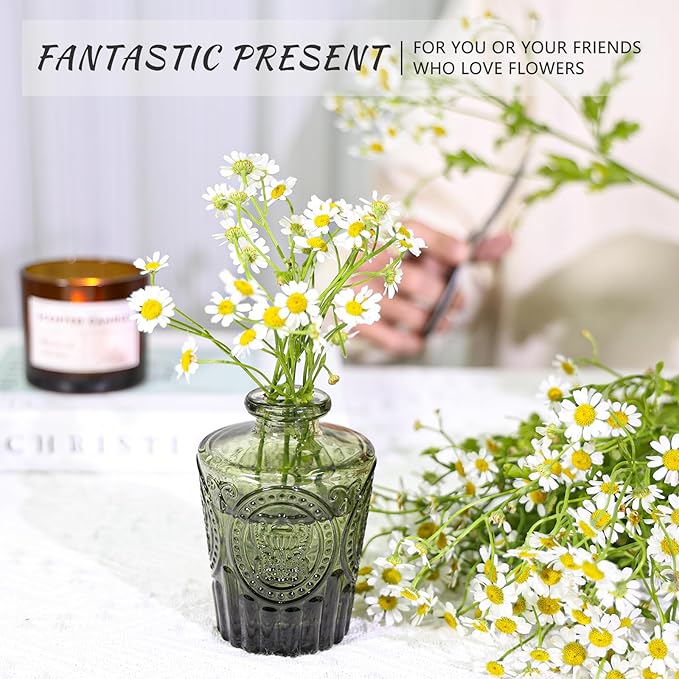 Glass Bud Vase Set of 5, Green Small Flower Vases for Centerpieces in Bulk, Mini Vintage Vase for Rustic Wedding, Home,Table Decoration