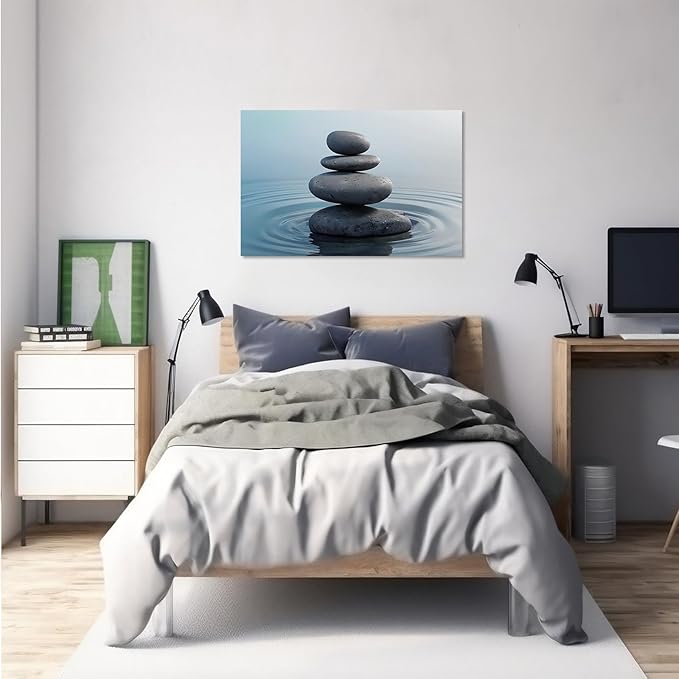 Zen wall art Harmonious grey stones stacked on a calm surface of water Serene Zen decor suitable for tranquil homes and spaces of meditation 8x12in Frameless