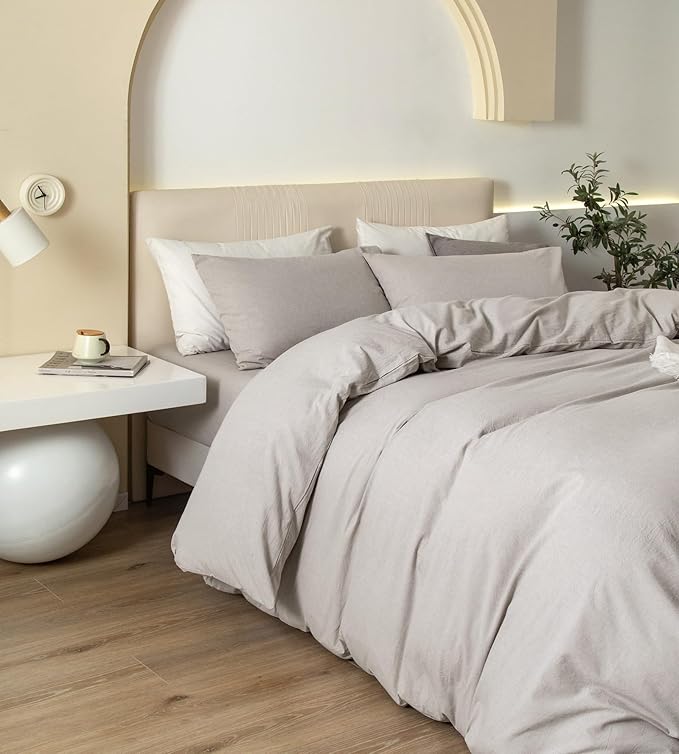 JIYUAN 100% Washed Cotton Duvet Cover Set 3 PCS Oversized Queen, 1 Duvet Cover 98"x98" (Comforter Not Included) and 2 Pillowcases,Linen Feel Bedding Set Comfy and Breathable, Heathered Cream Grey