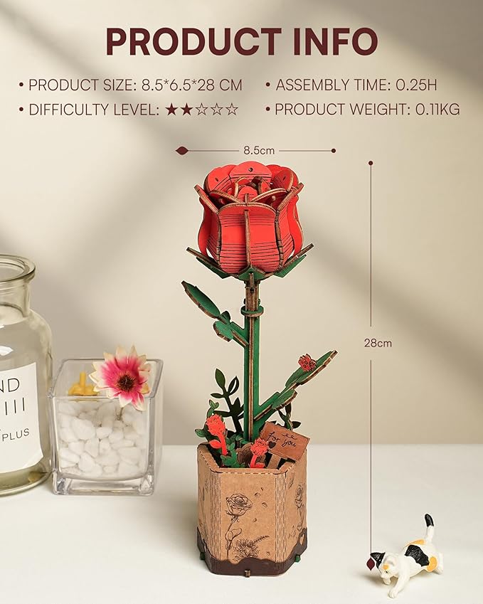 3D Flower Wooden Puzzles for Adults-Red Rose, DIY Wooden Flowers Model Kit Building Set Crafts for Adults to Build, Botanical Collection/Ideal Creative Gift Ideas/Housewarming (106PCS)