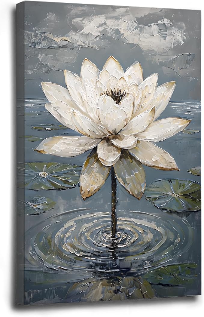 Stunning white lotus emerges from prismatic water with delicate petals background Serene aquatic wall art suitable for modern minimalist decor 20x30in Wood Framed