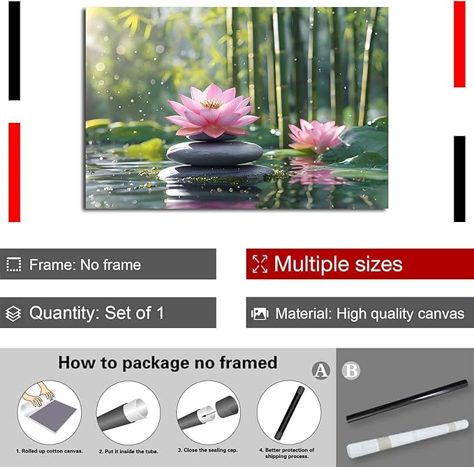 Ethereal pink lotus on obsidian Sunlit bamboo forest with sparkling water drops Poetic nature inspired wall art for tranquil homes and mindful spaces 12x18in Frameless