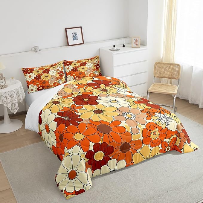 Castle Fairy Bohemian Flowers Bedding Comforters Queen Size,70s Vintage Floral Comforter Set with 2 Pillowcases,Hippie Retro Groovy Botanical 3pcs Children Adult Duvet Set,Soft