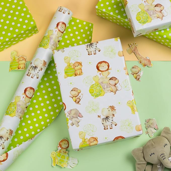 HOMERAL Baby Shower Wrapping Paper Roll - Jungle Animal Design - 17 Inch x 32.8 Feet (46.8 sq.ft) Green Gift Wrap with Lion, Elephant, Turtle, Giraffe, Zebra, Perfect for Baby Boy & Girl, Birthday, Gender Reveal, Holidays