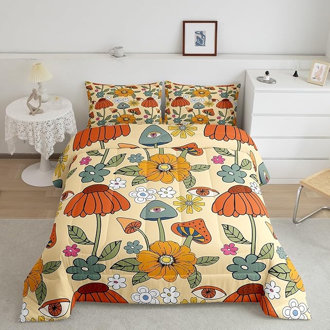 Castle Fairy Retro Flowers Bedding Comforters Queen Size,70s Floral Mushroom Comforter Set with 2 Pillowcases,Art Hippie Plant Eye Print 3pcs Children Adult Duvet Set,Soft