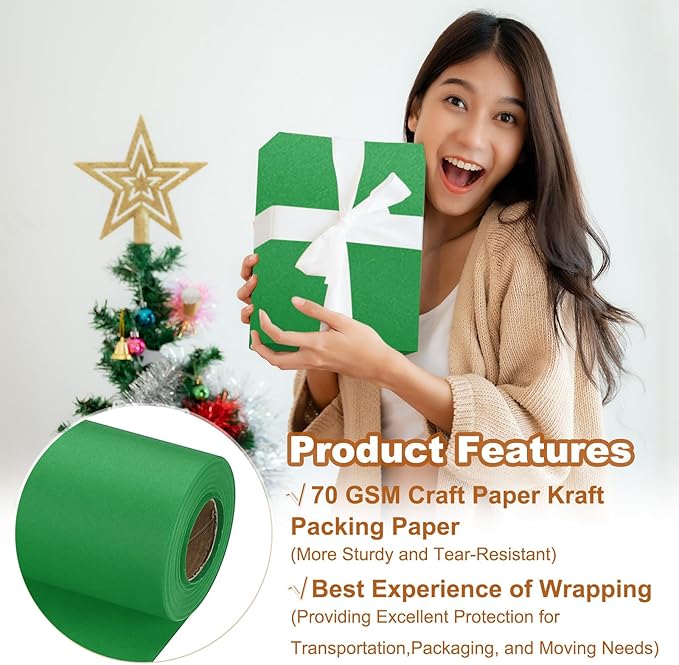 PATIKIL Wrapping Paper, 15" x 600"(49') 70 GSM Craft Paper Roll Kraft Packing Paper for Poster Bulletin Board, Gift Wrapping, Green
