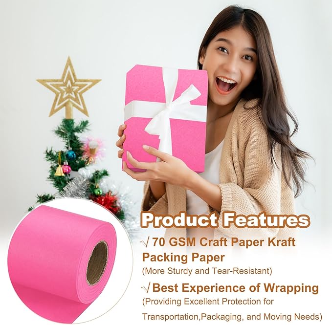 PATIKIL Wrapping Paper, 17" x 450"(37') 70 GSM Craft Paper Roll Kraft Packing Paper for Poster Bulletin Board, Gift Wrapping, Pink