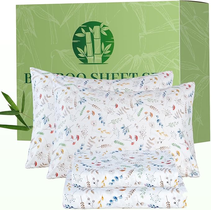 Bedlifes California King Floral 4-Piece Sheet Set - Cooling Sheets Blend Rayon Derived from Bamboo,Soft & Breathable, Deep Pocket 16", Wrinkle Resistant - Vibrant Boho Floral Design
