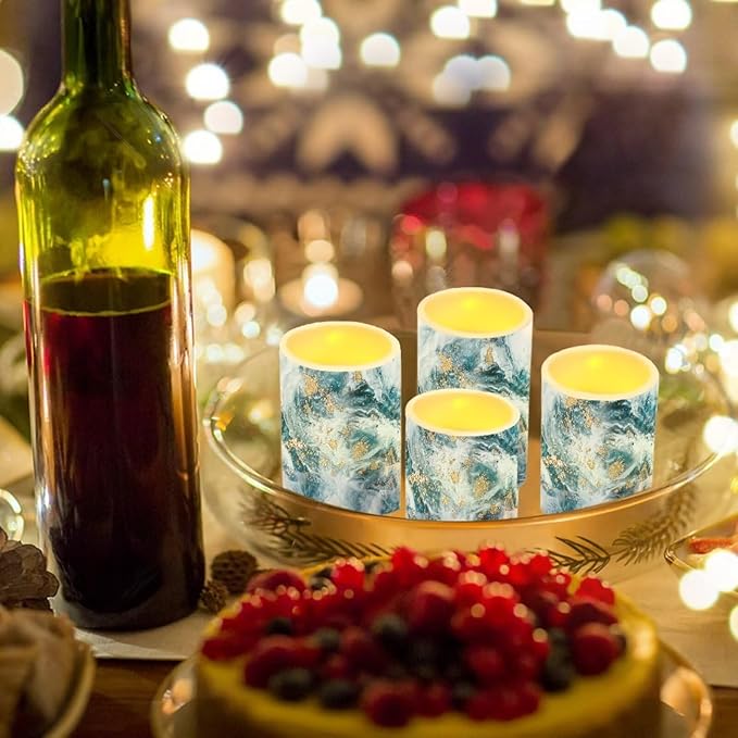 Flameless LED Battery Candles Pack of 4 Waterproof Pillar Candles Tealights with 18-Key Timer Remote Colorful Lights for Indoor Outdoor Home Outdoor Wedding Decor, Blue Gold Marble