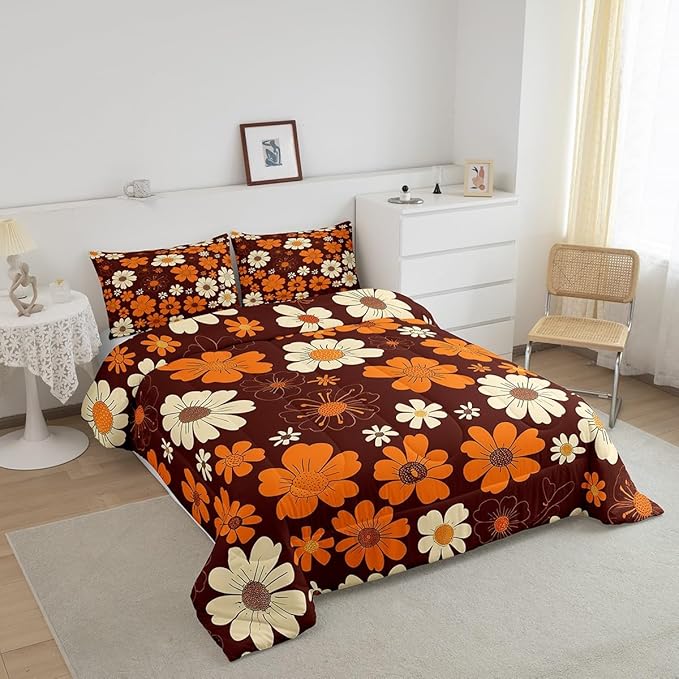 70s Groovy Flowers Comforter Set Full Size,Hippie Retro Farmhouse Plant Bedding Comforters Room Decor,Brown White Yellow Floral Quilt Set with 2 Pillowcases,Teens Present