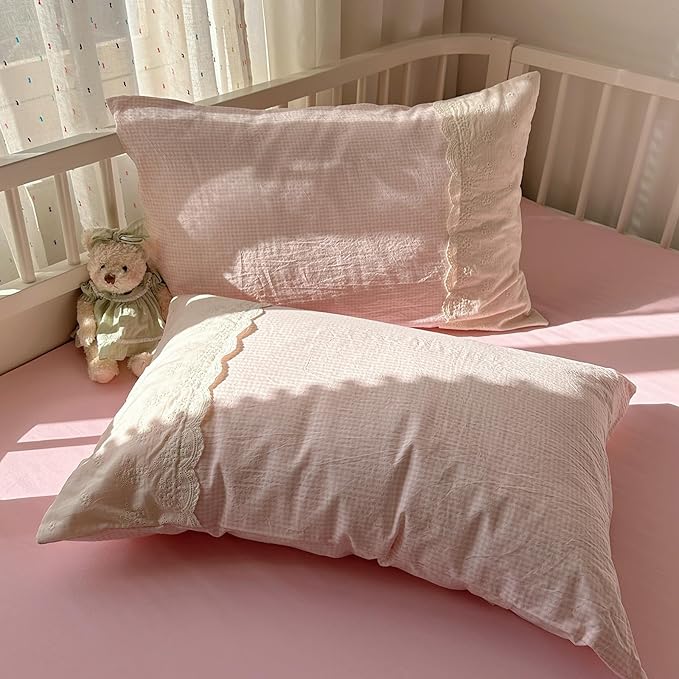VM VOUGEMARKET Pink Full Comforter Set 3 Pieces Romantic Lace Bedding Set Simple Cozy Plaid Gingham Comforter/Quilt for Teen Girls Students