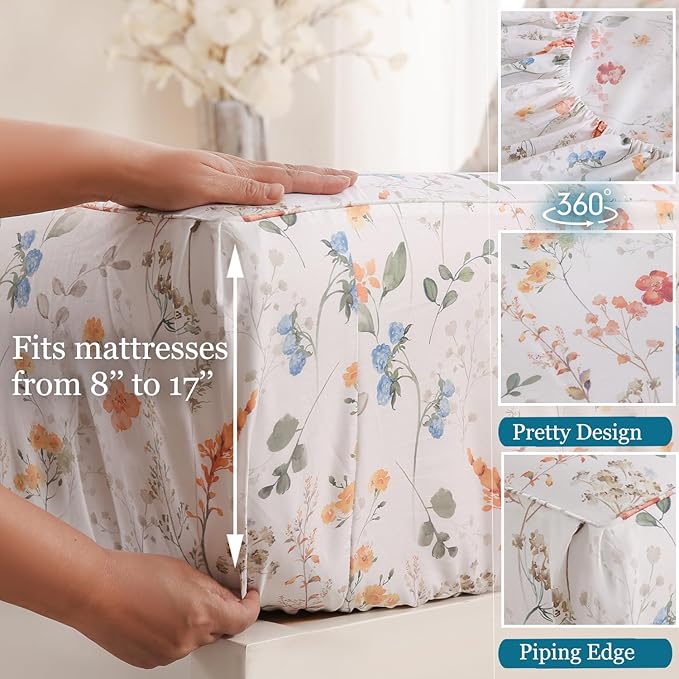 Zusbest Queen Sheet Set Floral Patterned 100% Percale Cotton Orange Blue Flower Sheets Set Green Botanical Printed on White Deep Pocket Fitted Sheets, Crisp Soft Breathable for Hot Sleepers, 4 Pcs