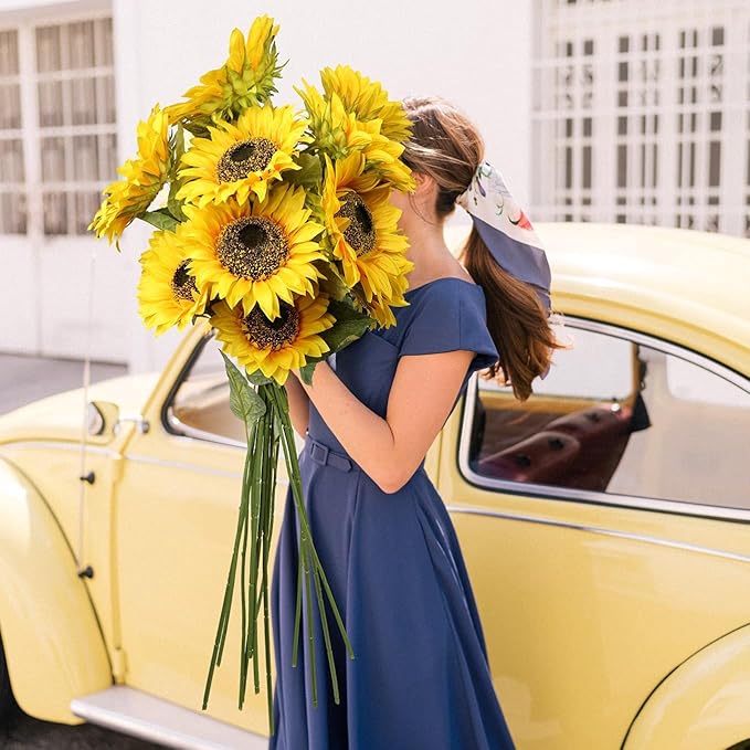 Large Sunflowers Artificial Flowers 8" Full Bloom Long Stem Artificial Sunflower 33" Tall Sun Flowers Giant Silk Sunflowers with Stem Fake Sunflower Floral Arrangement for Home Wedding Decoration