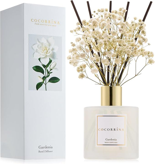 COCORRÍNA Reed Diffuser - Gardenia 6.7 Fl.oz Reed Diffuser Set with Sticks & Preserved Baby's Breath, Reed Diffuser for Home Bathroom Shelf Decor
