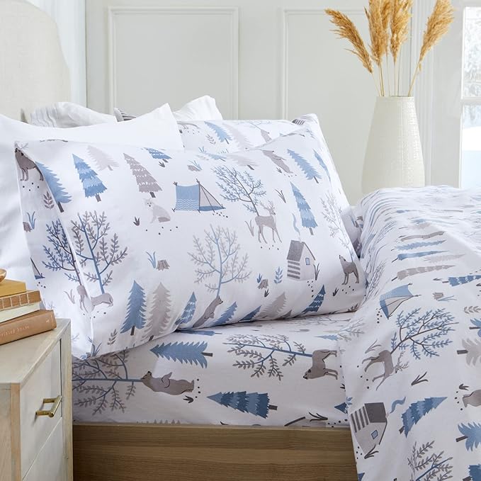 Market & Place 100% Turkish Cotton Flannel Sheet Set | 4 Piece Deep Pocket Novelty Cozy Winter Bed Sheets | Double Brushed for Extra Softness & Comfort | Alpine Collection (Full, Winter Wildlife)