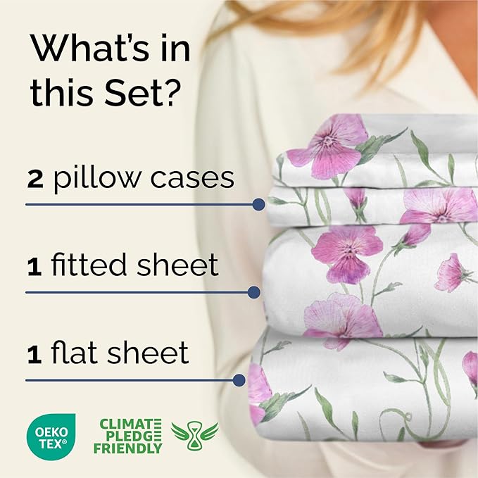 Floral Sheets - Pink Floral Bed Sheet Set - 1 Flat, 1 Fitted & 2 Pillowcases w/ Deep Pockets - Comfy, Wrinkle & Fade Free - Boho Botanical Bedding - Soft, Breathable and Cooling - Cal King Size Set