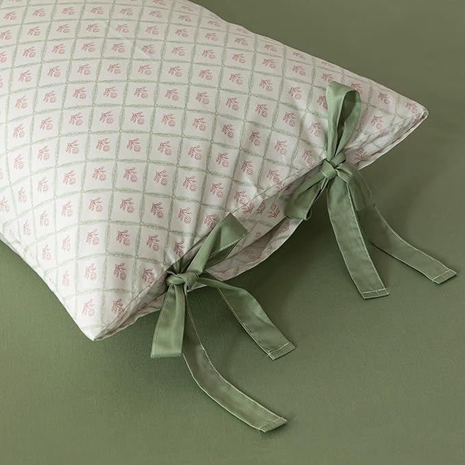 VM VOUGEMARKET Red Blooming Duvet Cover Set Twin,Green Plaid Grid Duvet Cover with 2 Bowknot Pillowcases 100% Cotton Chic Garden Style Bedding Set for Girls Women Without Comforter