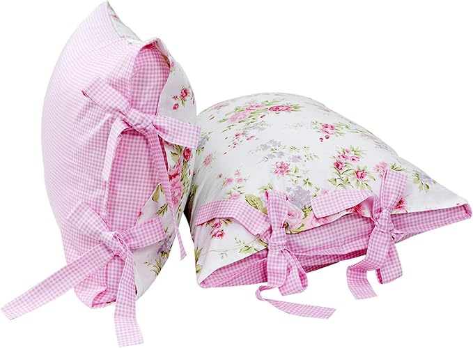 FADFAY Rose Floral Duvet Cover Set Pink Grid Cotton Girls Bedding with Hidden Zipper Closure 3 Pieces, 1duvet Cover & 2pillowcases,Full Size