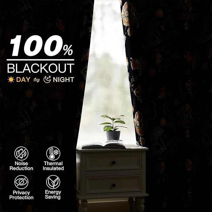 Elegant Luxury Black Out Curtains 96 Inch Long 2 Panel Set for Living Room 100% Blackout Navy Blue Floral Vintage Mid Century Print Patterned 8FT Length Foor to Ceiling Curtains Grommet Drapes 52x96