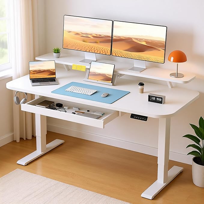 COMHOMA Electric Standing Desk with Drawers, 48 x 24'' Sit Stand up Desk with Monitor Stand, Laptop Stand, Height Adjustable Ergonomic Home Office Computer Desk with Memory Preset Controller