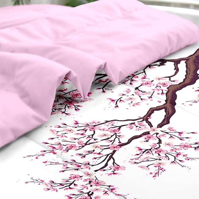 Comforter Set King Size, Japanese Cherry Blossom 7 Pcs Bedding for Kids and Adults, Flower Painting Pink Bed Sheet Sets with Fitted Sheet 2 Pillowcase & 2 Sham for Bedroom Bed Decor