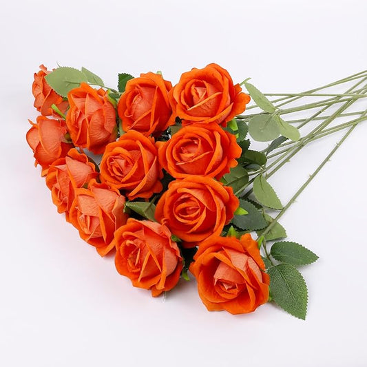 12 Pcs Artificial Rose Flowers, Silk Roses with Long Stems, Realistic Fake Roses for Wedding Centerpiece Party Home and Office DIY Decor, Orange