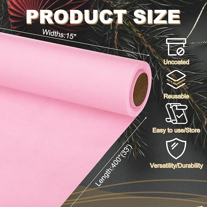 PATIKIL Wrapping Paper, 15"x400"(33') Bulletin Board Paper Roll Kraft Paper Roll Construction 80GSM for Shipping Packing Gift Wrapping Craft Flower Bouquet Christmas, Pink