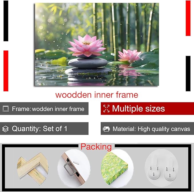 Ethereal pink lotus on obsidian Sunlit bamboo forest with sparkling water drops Poetic nature inspired wall art for tranquil homes and mindful spaces 28x40in Wood Framed