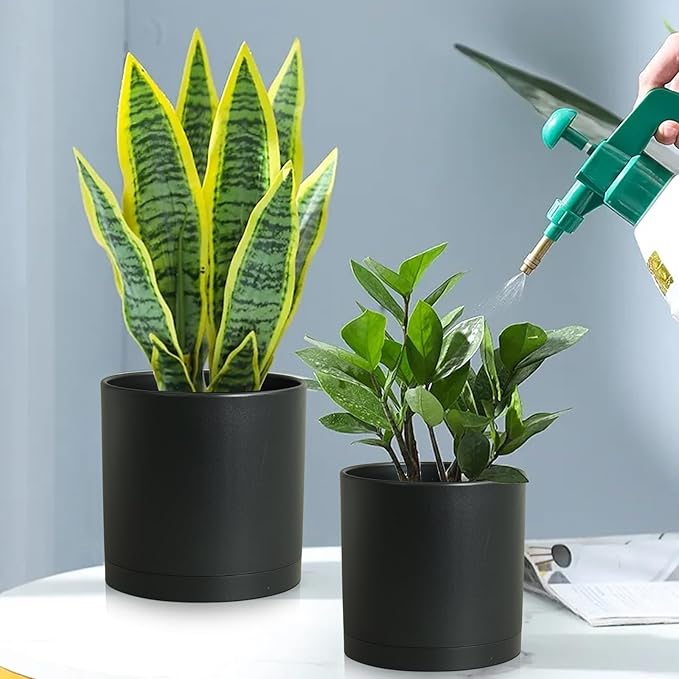 12/10/8 inch Large Deep Plant Pots, 3 Pack Tall Cylinder Flower Pots for Outdoor Indoor Plants, Plastic Planters with Drainage Holes and Saucers for Garden Porch House Plants, Black