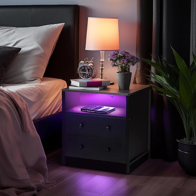 27 Inch Wide Night Stand, Large Wood Night Stand Set 2 with 2 Drawers, LED Nightstand with Charging Station and Adjustable Drawer, Bedside Table for Living Room/Bedroom/Study/Office, Black.