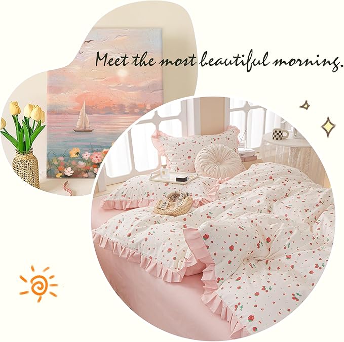 Pink Ruffle Duvet Cover Full Cute Strawberry Duvet Cover Girls Princess Lace Bedding Set Cotton Ruffled Comforter Cover Kawaii Strawberry Fruits Print Lace Bedding Comforfer Cover with 2 Pillowcases