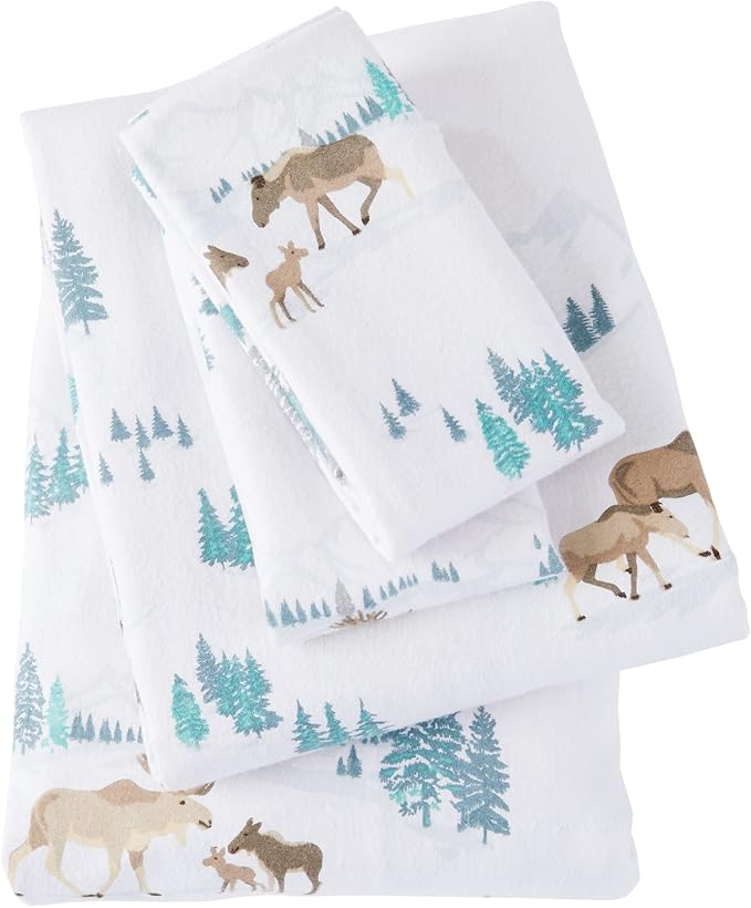 Market & Place 100% Turkish Cotton Flannel Sheet Set | 4 Piece Deep Pocket Novelty Cozy Winter Bed Sheets | Double Brushed for Extra Softness & Comfort | Alpine Collection (King, Moose)