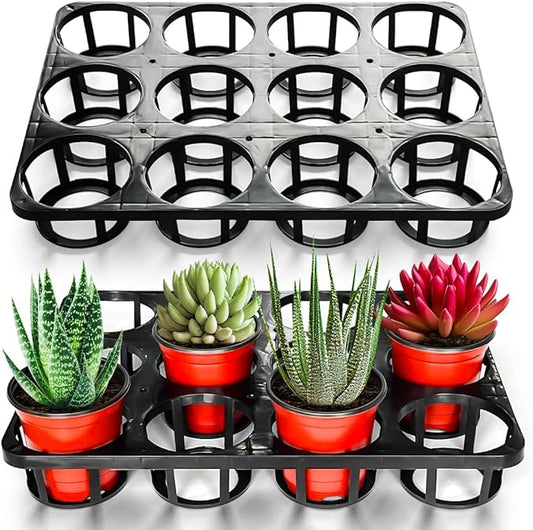 12 Cell Nursery Planter Pots Trays, Plant Pot Shuttle Carry Holder and Trays for 4 inch Round Plastic Nursery Pots Flowerpot Carrier Transporting (16.75" 12.43", 2.1" Deep, 10-Pack)