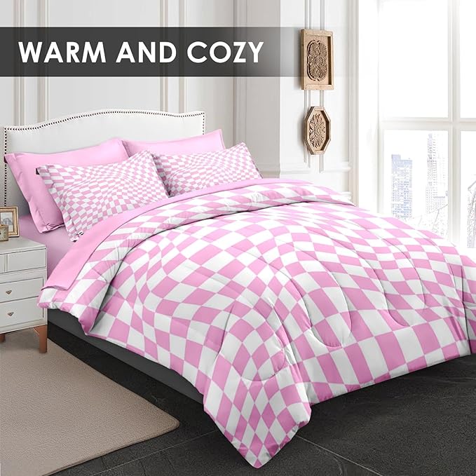 Comforter Set Queen Size, Pink Cool Geometric Plaid 7 Pcs Bedding for Kids and Adults, Chess Checkered Baby Bed Sheet Sets with Fitted Sheet 2 Pillowcase & 2 Sham for Bedroom Bed Decor