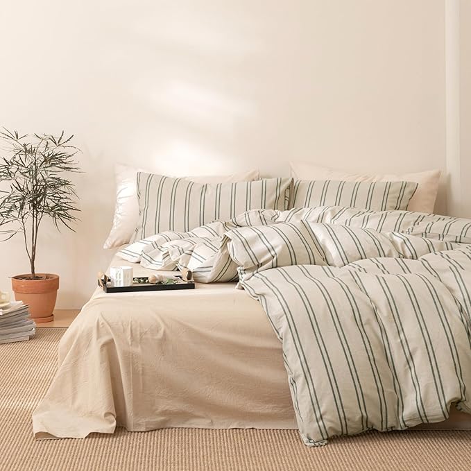 VM VOUGEMARKET Stripe Comforter Set Twin XL Green Striped Bedding Comforter with 2 Pillowcases Modern Farmhouse Style Lightweight Twin Comforter Set for Teen Boys