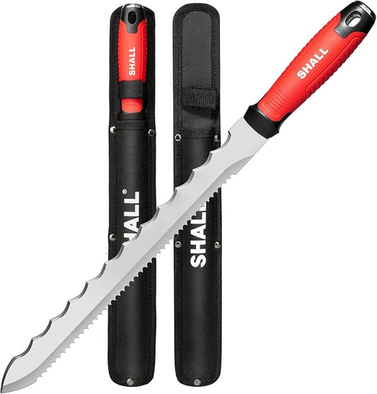 SHALL Insulation Knife, 11" Stainless Steel Blade Insulation Cutter, Dual-sided Serrated Sharp Duct Cutting Tool with Sheath for Heat Material Foam/Rockwool/Styrofoam - Sod Cutter Garden Knife