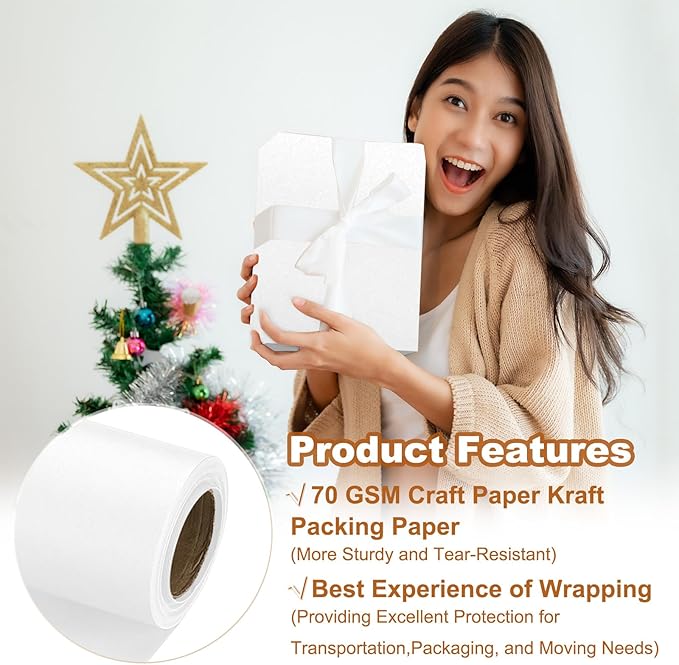 PATIKIL Wrapping Paper, 17" x 300"(25') 70 GSM Craft Paper Roll Kraft Packing Paper for Poster Bulletin Board, Gift Wrapping, White