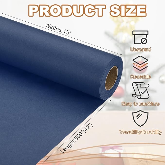 PATIKIL Wrapping Paper, 15" x 500"(42') 70 GSM Craft Paper Roll Kraft Packing Paper for Poster Bulletin Board, Gift Wrapping, Navy Blue