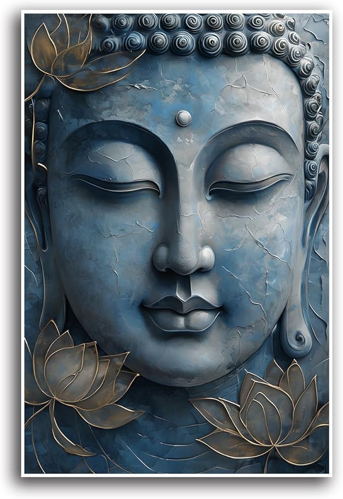 Canvas wall art Golden lotus crown Serene Buddha poster Ethereal blue toned art with delicate floral decor Zen wall art for a tranquil meditation space 20x30in Frameless