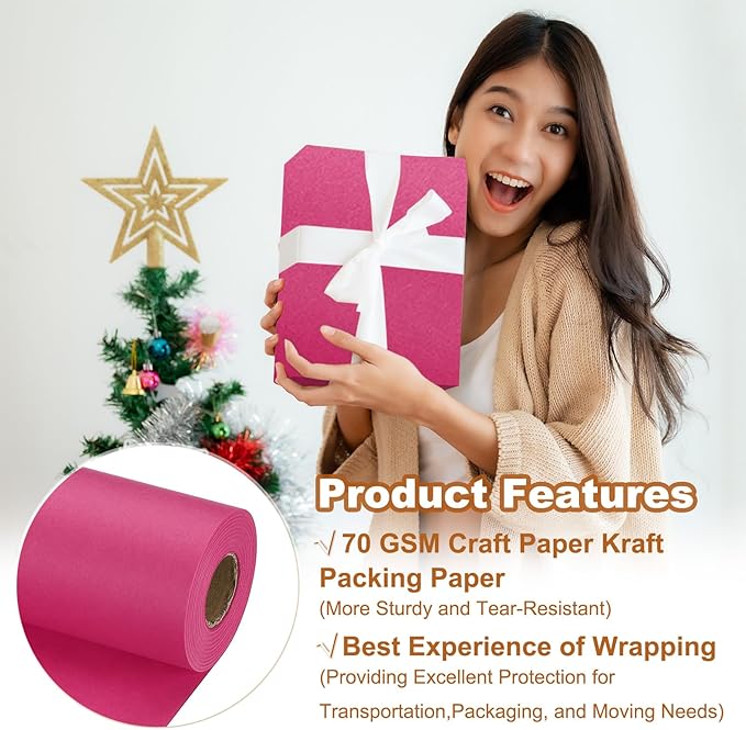 PATIKIL Wrapping Paper, 15" x 800"(66') 70 GSM Craft Paper Roll Kraft Packing Paper for Poster Bulletin Board, Gift Wrapping, Dark Pink
