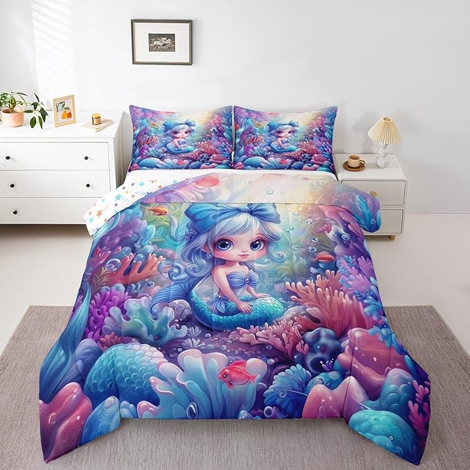 Cute Mermaid Comforter Set Twin Size,Beautiful Mermaid Fairy Tale Reversible Bedding Set for Kids Boys Men,Watercolor Coral Cartoon Undersea World Quilted Duvet Set with 1 Pillowcase