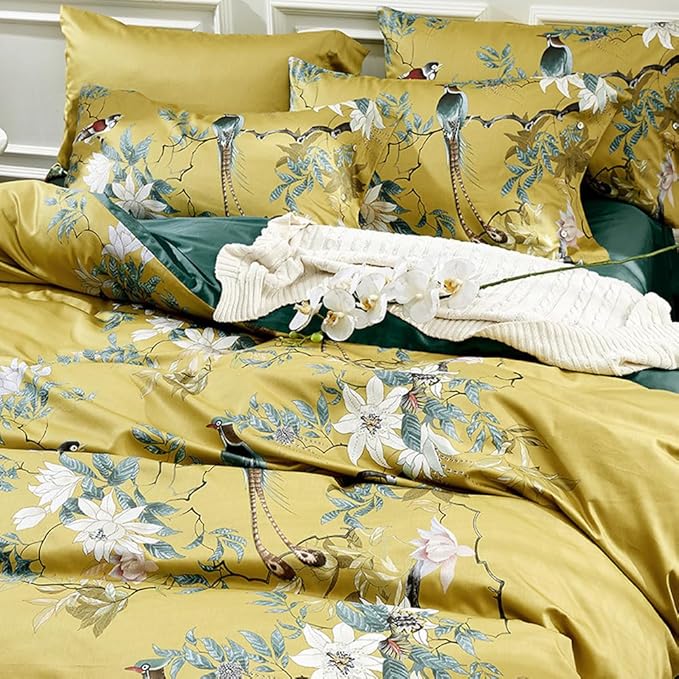 mixinni Duvet Cover California King Size Floral Bird Pattern Cotton Duvet Cover Set with Zipper Closure and Ties for Women and Men, Ultra Soft, Breathable, Easy Care-California King Size