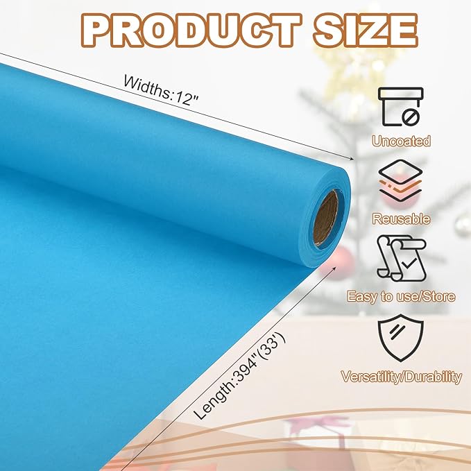 PATIKIL Wrapping Paper, 12" x 394"(33') 70 GSM Craft Paper Roll Kraft Packing Paper for Poster Bulletin Board, Gift Wrapping, Light Blue