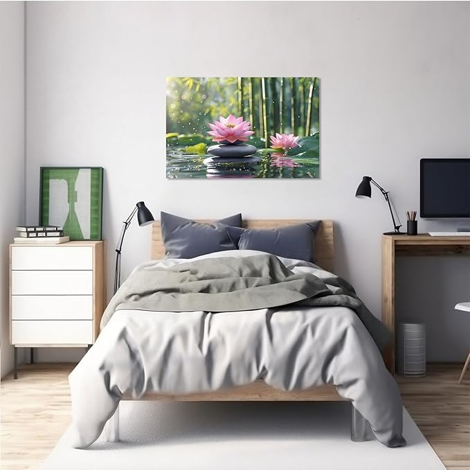 Ethereal pink lotus on obsidian Sunlit bamboo forest with sparkling water drops Poetic nature inspired wall art for tranquil homes and mindful spaces 20x30in Frameless