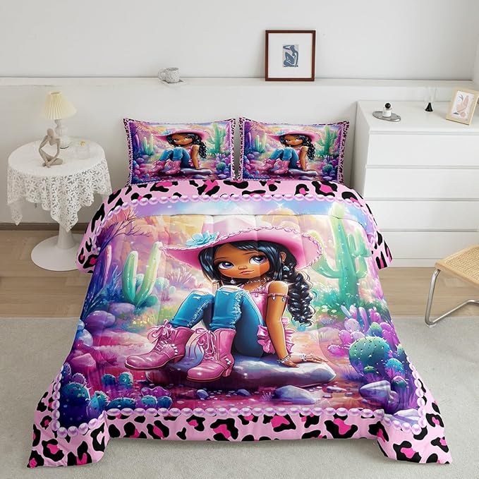 Western Cowgirl Full Size Comforter Set,Reversible Cute Girl Cactus American Style Bedding Comforters Bedroom Collection,African Pink Leopard Print Plaid Black Bedding Set for Girls Teens
