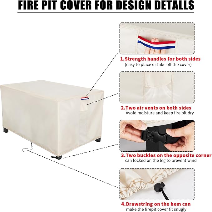 Youlvy Fire Pit Cover Rectangular 60 Inch - Waterproof Outdoor Fire Table Cover Rectangle Heavy Duty, 600D Patio Propane Gas Firepit Cover Rectangular Tear Weather Resistant - 60 x 30 x 12 Inch Beige
