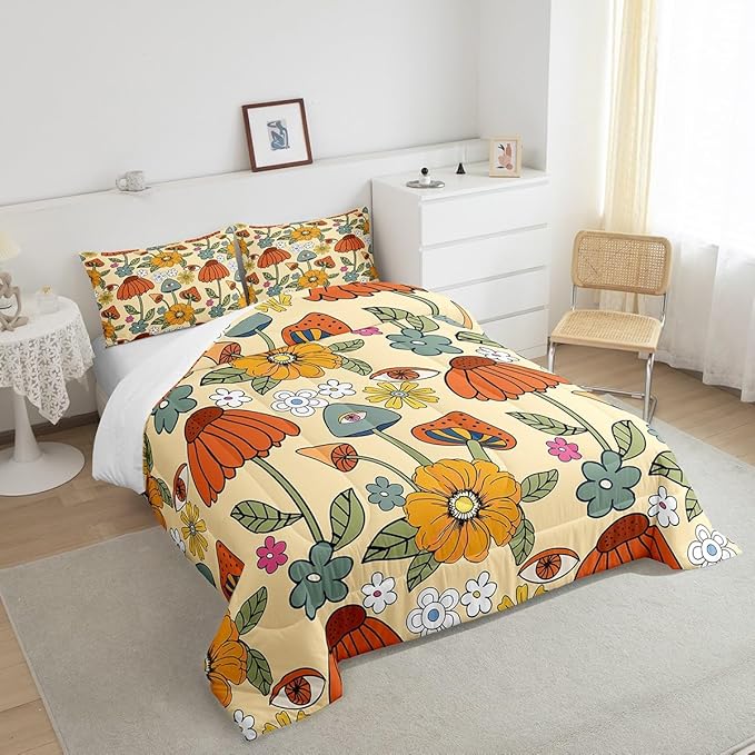 Castle Fairy Retro Flowers Comforter Set Twin Size,70s Floral Mushroom Quilt Set for Kids Boys Bedroom Collection,Art Hippie Plant Eye Print Polyester Bedding with 1 Pillowcase,2Pcs