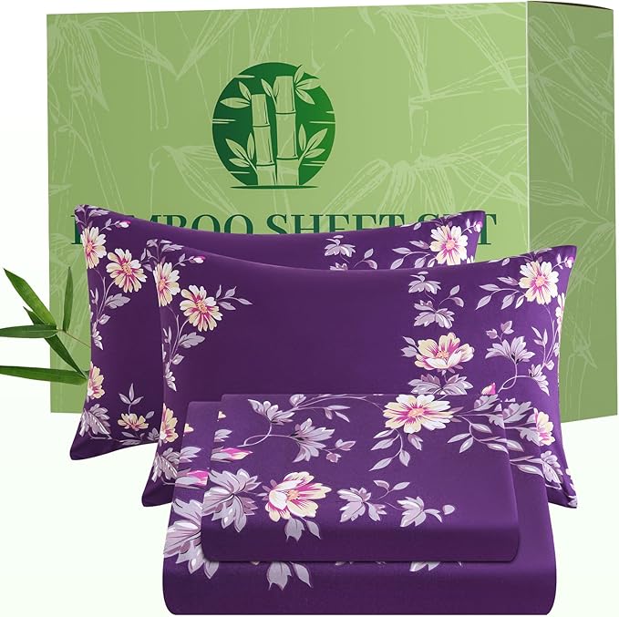 Bedlifes Extra Deep Pocket 18-24" Queen 4-Piece Sheet Set - Cooling Sheets Blend Rayon Derived from Bamboo Soft & Breathable,Featuring Dark Purple Floral