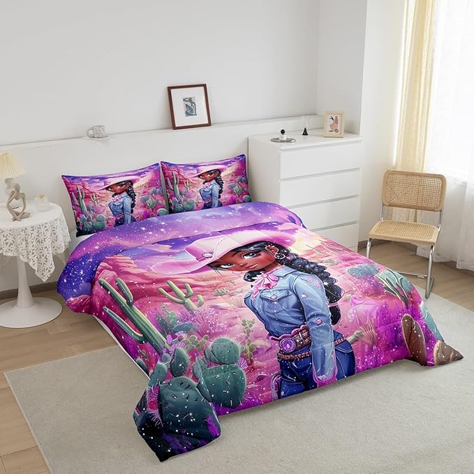 Western Cowgirl Comforter Set Twin Size,Reversible African Style Cute Girl Print Black Bedding Set for Kids Boys Men,Dreamy Stars Purple Galaxy Sparkling Quilted Duvet Set with 1 Pillowcase