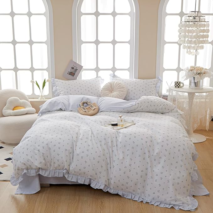 White Duvet Cover Floral Lace Duvet Cover King Cute Blue Flower Green Leaves Print Ruffle Comforter Cover Vintage Princess Lace Bedding Set Botanical Floral Comforter Cover Cottagecore Bedding Set